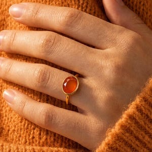 Natural Carnelian Ring • Bezel Set Oval Ring • Autumn Orange Gemstone Stacking Ring • Fall Birthday Gift for Her • Carnelian Ring for Women