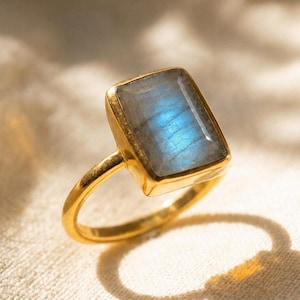 Labradorite Ring • Rectangle Gemstone Ring, Blue Flash Ring, Bezel Set Gold Vermeil or Sterling Silver Ring, Gift for Her stacking ring