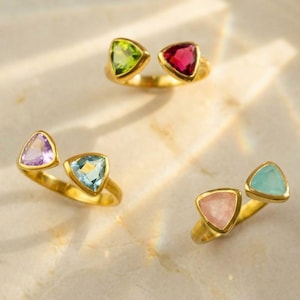 Custom Adjustable Gemstone Triangle Ring • Double Birthstone Geometric Ring • Dual Stone Statement Ring • Personalized Christmas Gift