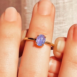 Natural Tanzanite Ring • December Birthstone Ring, Oval Cabochon Prong Set Ring, Dainty Stackable Gemstone Ring, Gift for Her