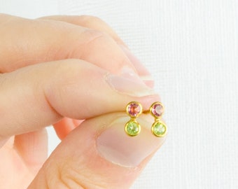 Mother's Day Gift for Her: Tiny Custom Birthstone Stud Earrings for 2 or 3 kids birthstones bar gemstone earrings minimalistic studs [MNB]