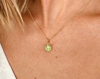 Birthstone Sun Pendant Necklace・Custom Birthstone Sunshine Pendant・ Gold Celestial Star Necklace Dainty Gemstone •  Mothers Day gift for Mom