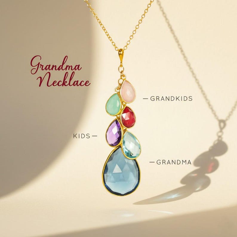 Custom birthstone necklace for grandma showing layered gemstone drops for grandma, kids, and grandkids, personalized family birthstone jewelry in gold, meaningful grandmother necklace gift