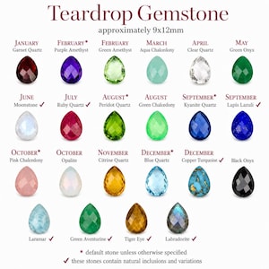 Teardrop gemstone birthstone chart showing available stone options by month, including moonstone for June. A helpful selection guide for choosing a birthstone ring, gemstone ring, birthday gift, Mother’s Day gift, or personalized jewelry piece.