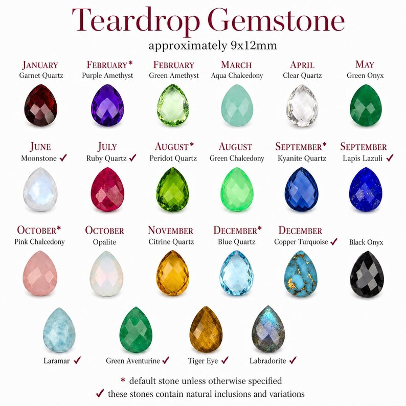 Teardrop gemstone birthstone chart showing available stone options by month, including moonstone for June. A helpful selection guide for choosing a birthstone ring, gemstone ring, birthday gift, Mother’s Day gift, or personalized jewelry piece.