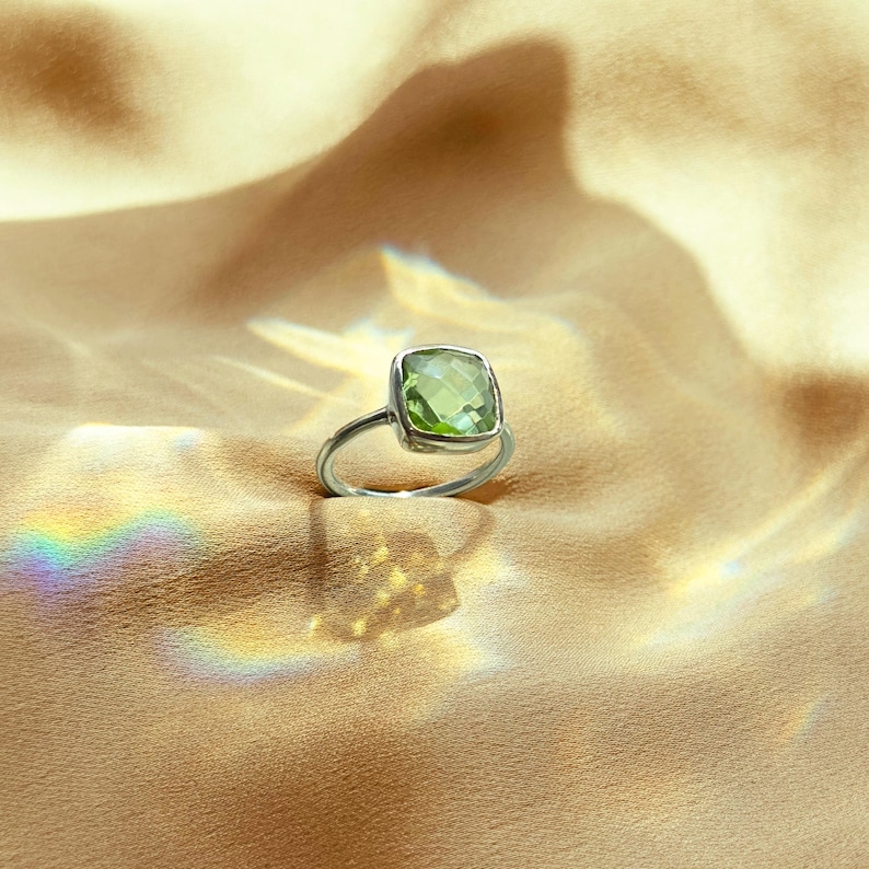 Green Amethyst ring - Gemstone Ring - Stacking Ring - Sterling Silver Ring - Cushion Cut Ring, February Birthstone ring, Christmas gift image 1
