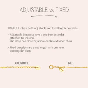 Adjustable vs fixed bracelet length guide by Danique Jewelry. Shows gold chain with 1-inch extender for adjustable (clasp can close anywhere) and a fixed bracelet with single ring. Helpful sizing info for personalized dainty chain bracelets and gifts.