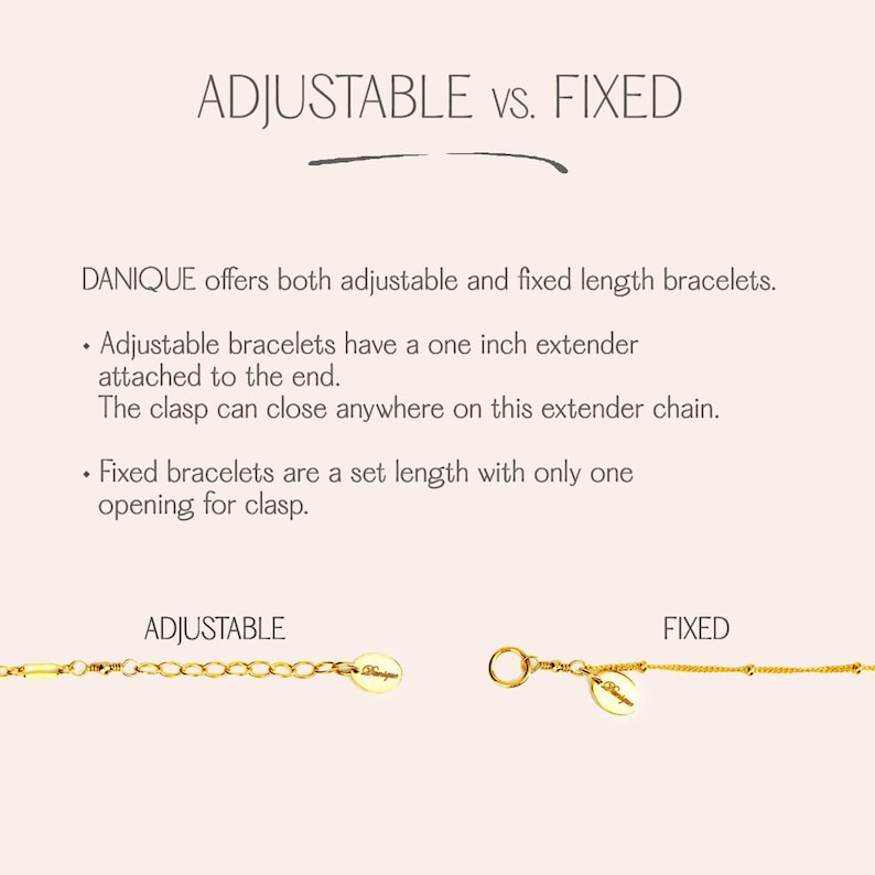 Adjustable vs fixed bracelet length guide by Danique Jewelry. Shows gold chain with 1-inch extender for adjustable (clasp can close anywhere) and a fixed bracelet with single ring. Helpful sizing info for personalized dainty chain bracelets and gifts.