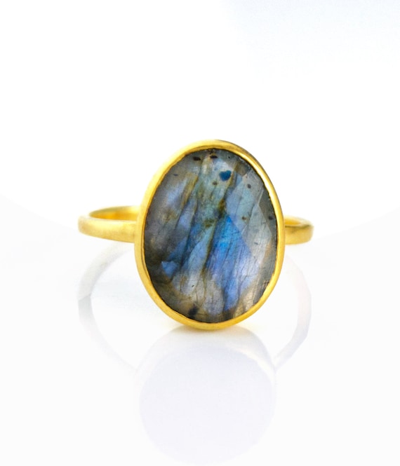 Sterling Silver Labradorite Bezel Set Oval Faceted Stackable Ring Sterling Silver Labradorite Bezel Set Oval Faceted Stackable Ring