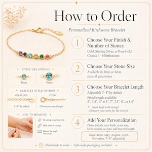A gold personalized birthstone bracelet with colorful gemstones. The image shows how to order, including stone size options (3mm, 4mm), bracelet style options (adjustable, fixed), and how to measure wrist size.