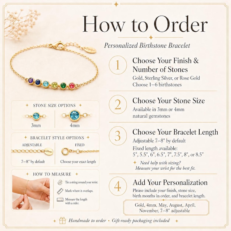 A gold personalized birthstone bracelet with colorful gemstones. The image shows how to order, including stone size options (3mm, 4mm), bracelet style options (adjustable, fixed), and how to measure wrist size.