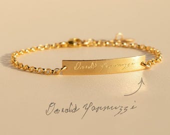 Personalized Engraved Bar Bracelet, Custom Handwriting Bracelet, Rose Gold Filled or Sterling Silver Signature Jewelry Gift for Her
