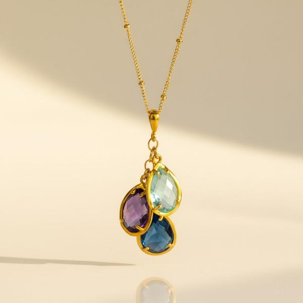 Birthstone Necklace for Mom, Custom Family Gemstone Necklace, Personalized Mothers Necklace, Cascading Teardrop Charm Gift for Grandma