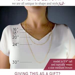 May include: A guide to necklace lengths, showing a model wearing five different lengths of gold chain necklaces, ranging from 16 inches to 30 inches. The text reads "Necklace Length" and "We are all unique in shape and style." The model is 5'4" tall and wears a size medium blouse. The text also reads "Giving this as a gift? Our most popular length is 18 inches."