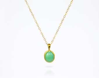 Large Oval Mint-Green Chrysoprase Necklace, Natural Gemstone Pendant, Gold Layering Necklace, Dainty Bezel Set Necklace, Birthday Gift