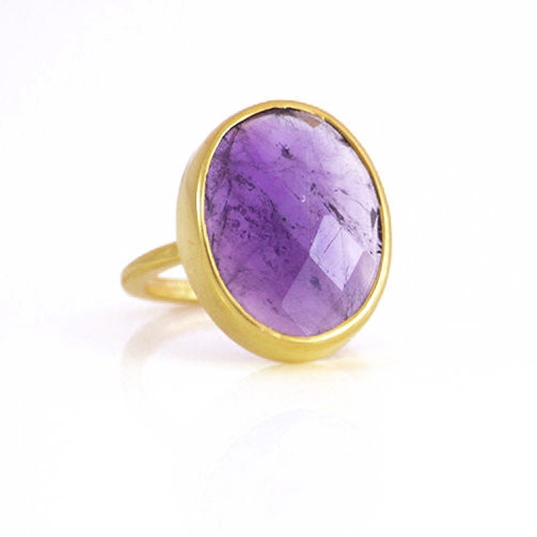 Large Purple Amethyst Ring Bezel Set Ring February Birthstone Ring