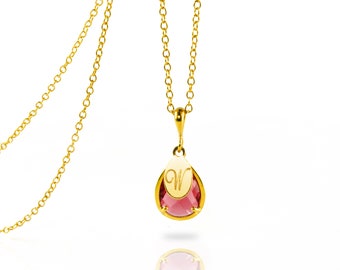 May include: Gold necklace with a teardrop-shaped pendant featuring a pink gemstone and a gold letter 'W' on the back.