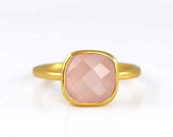 Pink Chalcedony ring, birthstone stacking ring, cushion ring, bezel set ring, October Birthstone ring, birthstone gifts for her, square ring