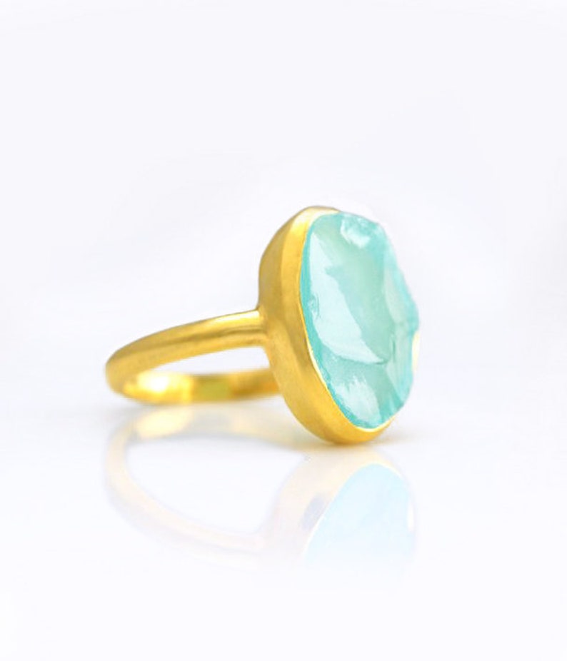 Rough aqua chalcedony ring, aqua chalcedony gold ring, bezel set ring, statement ring, March Birthstone ring raw stone ring large oval ring image 4