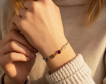 Custom Marquis Style Name Charm & Round Birthstone Bracelet • Personalized Family Tree Keepsake for Mom • 14k Gold Fill, 925 Silver [Raina]