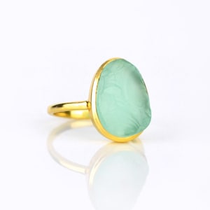 Rough aqua chalcedony ring, aqua chalcedony gold ring, bezel set ring, statement ring, March Birthstone ring raw stone ring large oval ring image 1