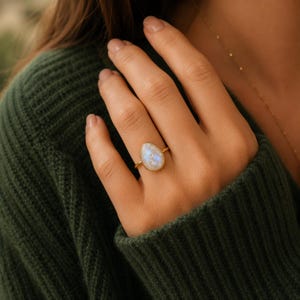 Rough Moonstone Ring in Gold, Raw Organic Moonstone Stacking Ring, Dainty June Birthstone Gift for Her