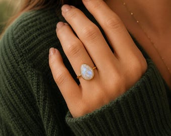 Rough Moonstone Ring in Gold, Raw Organic Moonstone Stacking Ring, Dainty June Birthstone Gift for Her