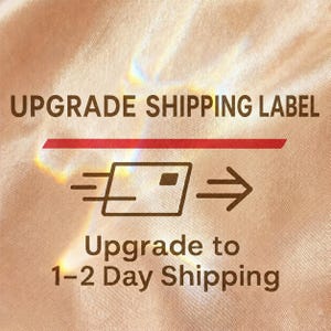 May include: Image with text that reads "UPGRADE SHIPPING LABEL" above a red line and a graphic of an envelope with an arrow. Below the graphic, the text reads "Upgrade to 1-2 Day Shipping".