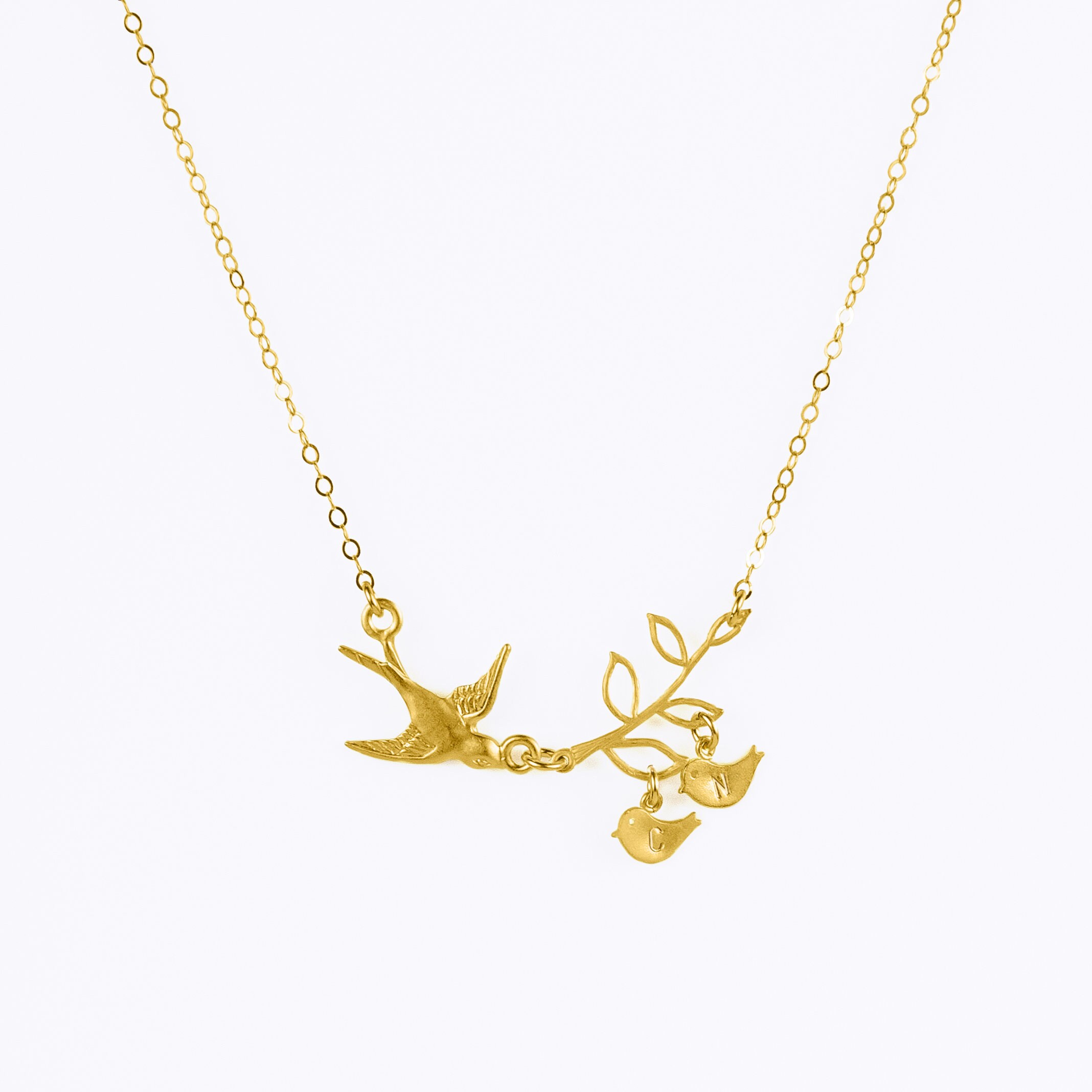 Custom Made with 3 Initials! 18k Yellow Gold Plated Tree Necklace with Sterling Silver Initial Birds Custom Made with 3 Initials! 18k Yellow Gold Plated Tree Necklace with Sterling Silver Initial Birds