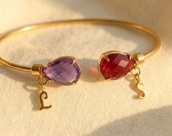 Two Birthstone Initial Bracelet, Personalized Bangle Bracelet, Custom Mom Bracelet, Mother Daughter Gift, Bridesmaid or Anniversary Gift