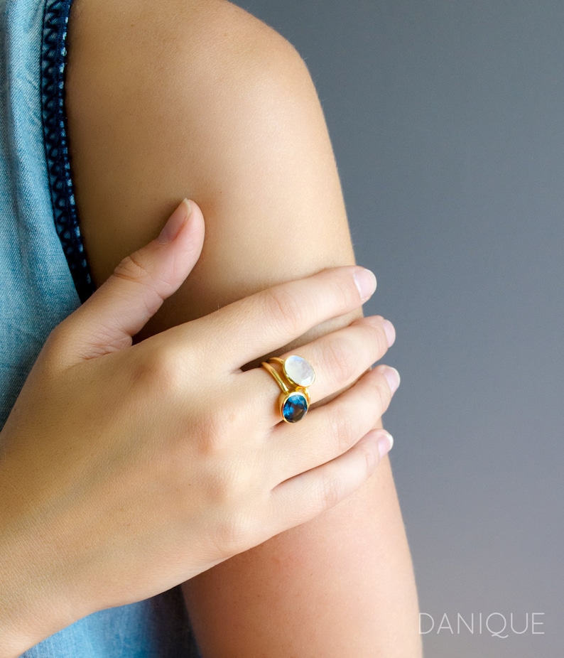 Moonstone and Kyanite Quartz Stacking Ring Set, Pair of Oval Gemstone Rings, Natural White Rainbow Moonstone Sapphire Alternative Blue Stone image 3