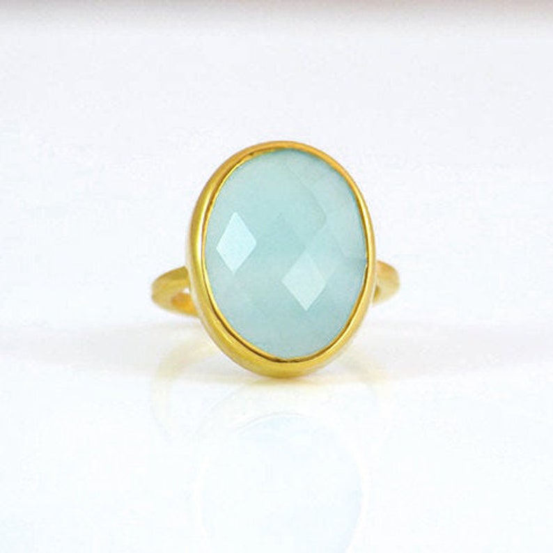 Large Aqua Chalcedony ring, March Birthstone, statement ring, gold ring, gemstone ring, stackable ring, faceted ring oval ring image 2