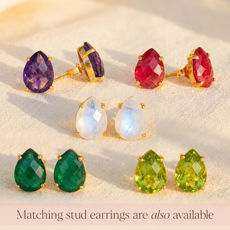 Matching teardrop gemstone stud earrings displayed with moonstone ring options, showing coordinating jewelry available for the June birthstone ring. A matching earring and ring set idea for birthdays, bridesmaids, gifts for her, and gemstone jewelry lovers.