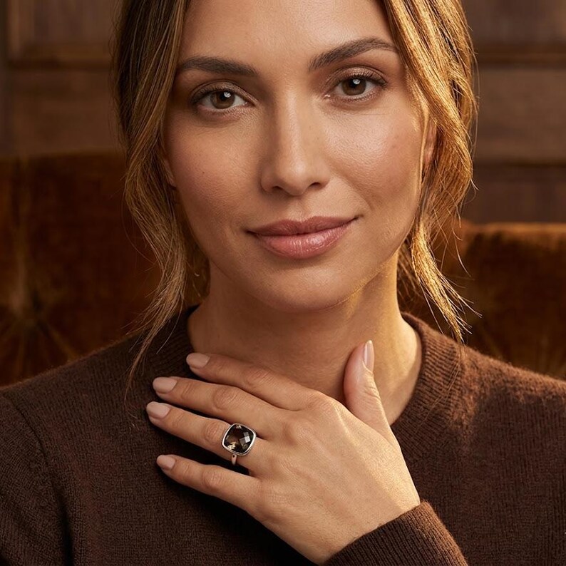 Stackable smoky quartz rings in multiple gemstone colors and gold bands