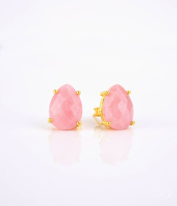 Pink Onyx Stud Earrings October Birthstone Earrings Gemstone Studs Tear Drop Studs Gold Stud Earrings Prong Set Post Earring Everyday Etsy Canada