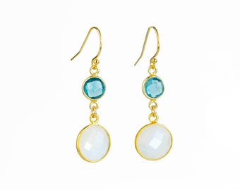 Double Drop Earrings, Custom Bridesmaid Gift, Birthstone earrings, light blue wedding gift, Gemstone dangle earrings Moonstone Earrings