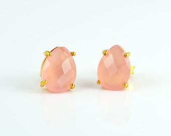 Pink Chalcedony Stud Earrings - October Birthstone Earrings - Gemstone Studs - Tear drop Studs - Gold Stud Earrings, Prong Set Post Earring