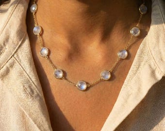 Danique Custom Long Station Necklace • Moonstone or Customized Birthstones • Personalized Christmas Gift for Her • Sterling Silver or Gold