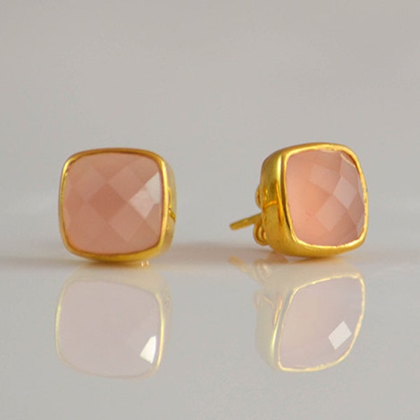 Square Pink Chalcedony Stud Earrings, Girlfriend Gift, Wife Gift Sister earrings, Bridal Jewelry,Gift for women October Birthstone