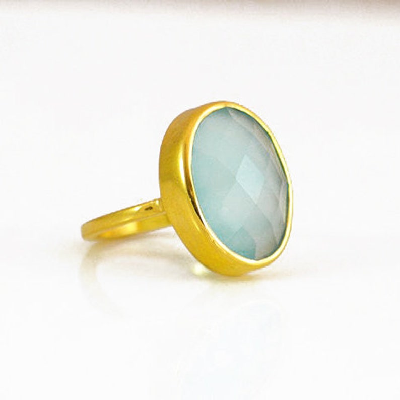 Large Aqua Chalcedony ring, March Birthstone, statement ring, gold ring, gemstone ring, stackable ring, faceted ring oval ring image 1