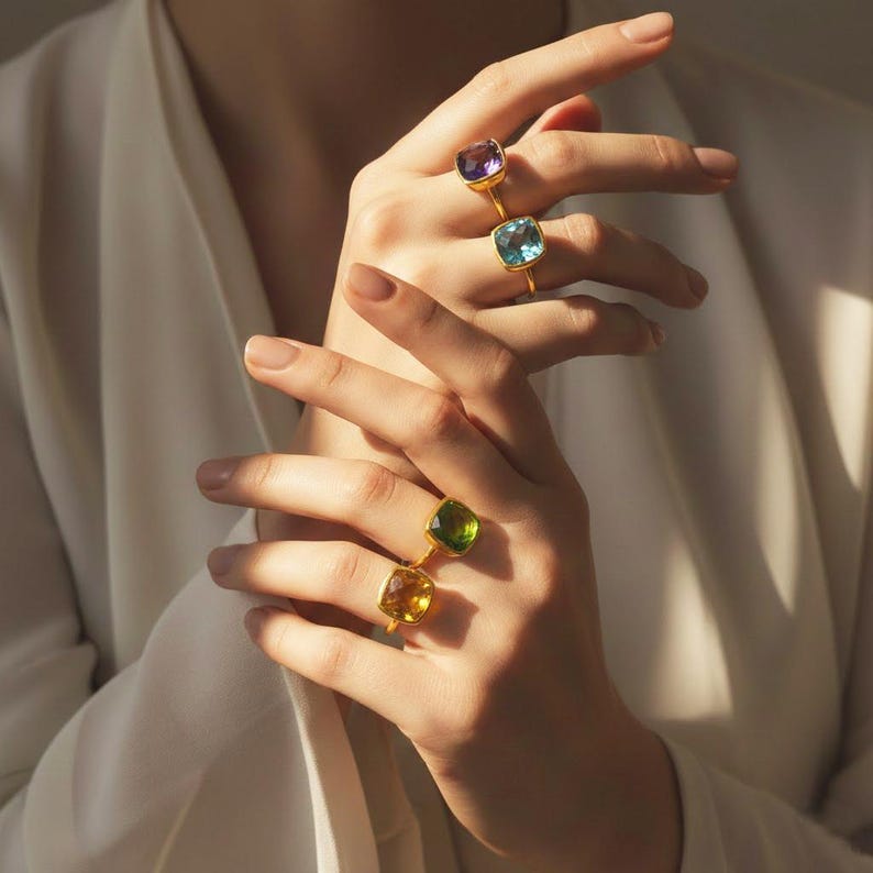 Gold smoky quartz statement ring with faceted square gemstone