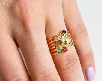 Mothers Minimalist Birthstone Rings • Dainty Stacking Gemstone Ring • Tiny Round Family Birthstone Ring Birthstone Gift Christmas Gift [MNB]