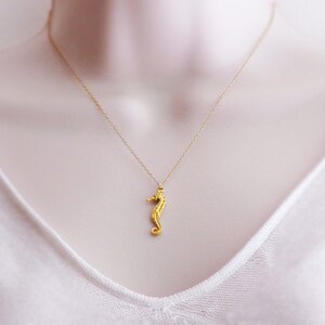 May include: A gold necklace with a seahorse pendant. The seahorse is detailed and has a textured surface.