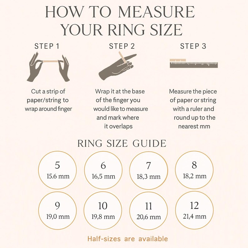 Ring size guide showing how to measure your ring size with paper or string and chart from size 5 to 12. Easy DIY ring measurement for custom, personalized, engagement, and birthstone rings by Danique Jewelry.