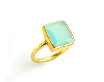 Aqua Chalcedony Ring, Rectangle Ring, Gemstone Ring Gold, Stacking Ring, Bezel Set Ring, March Birthstone Gift for Her March Birthday Gift