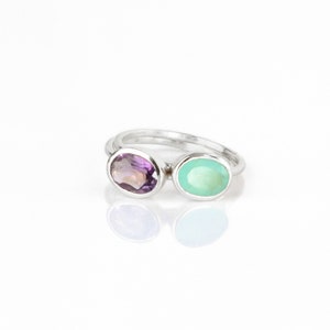 2 silver rings, one with Aqua Chalcedony and Amethyst. March birthstone, March birthday gift, Aqua chalcedony ring, Amethyst ring, February birthday gift, February birthstone, Aquarius gift, Pisces gift, teal jewelry, purple jewelry, purple ring