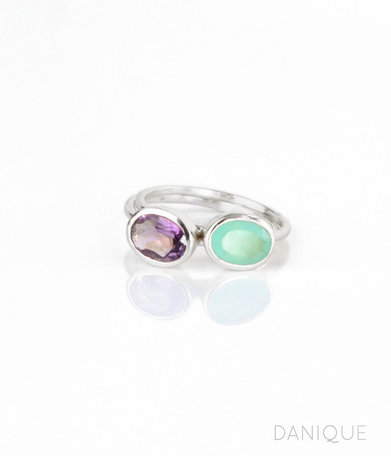 2 silver rings, one with Aqua Chalcedony and Amethyst. March birthstone, March birthday gift, Aqua chalcedony ring, Amethyst ring, February birthday gift, February birthstone, Aquarius gift, Pisces gift, teal jewelry, purple jewelry, purple ring