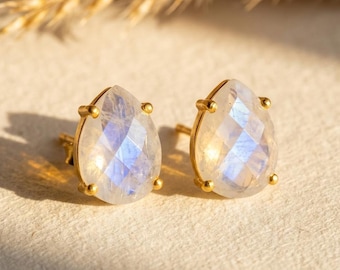 Natural Rainbow Moonstone Stud Earrings, June Birthstone Earrings, Teardrop Gemstone Studs, Gold Vermeil or Sterling Silver Gift for Her