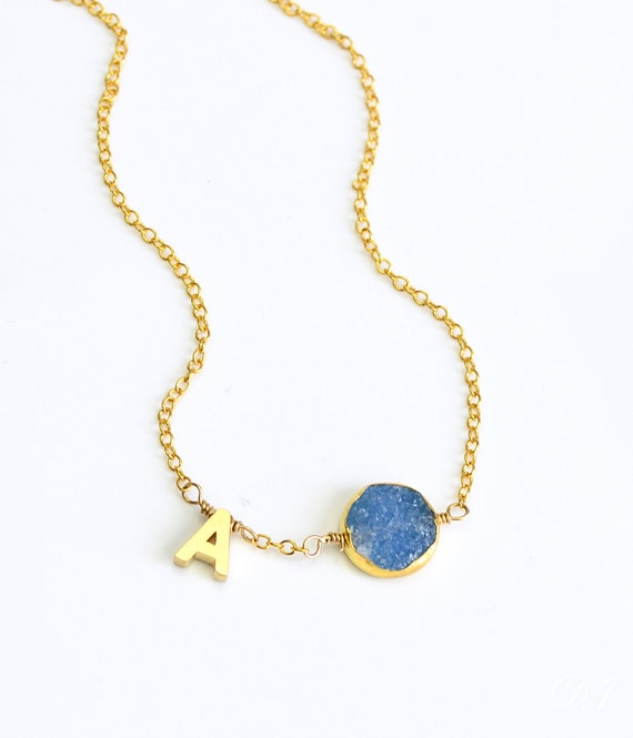 Custom Druzy Gemstone Necklace with Initial Charm • Personalized Letter & Sparkly Birthstone Charm Necklace • Monogrammed Initial Necklace