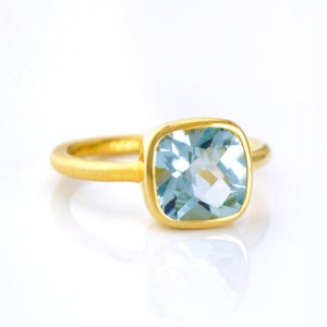 Gold Blue Quartz Ring - Gemstone Ring - Blue Topaz - Cushion cut ring - Stacking ring - December Birthstone Ring - Bezel Set Ring